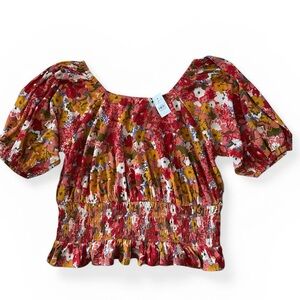 Floral Puff Sleeve Smocked Crop Top - Red & Mustard